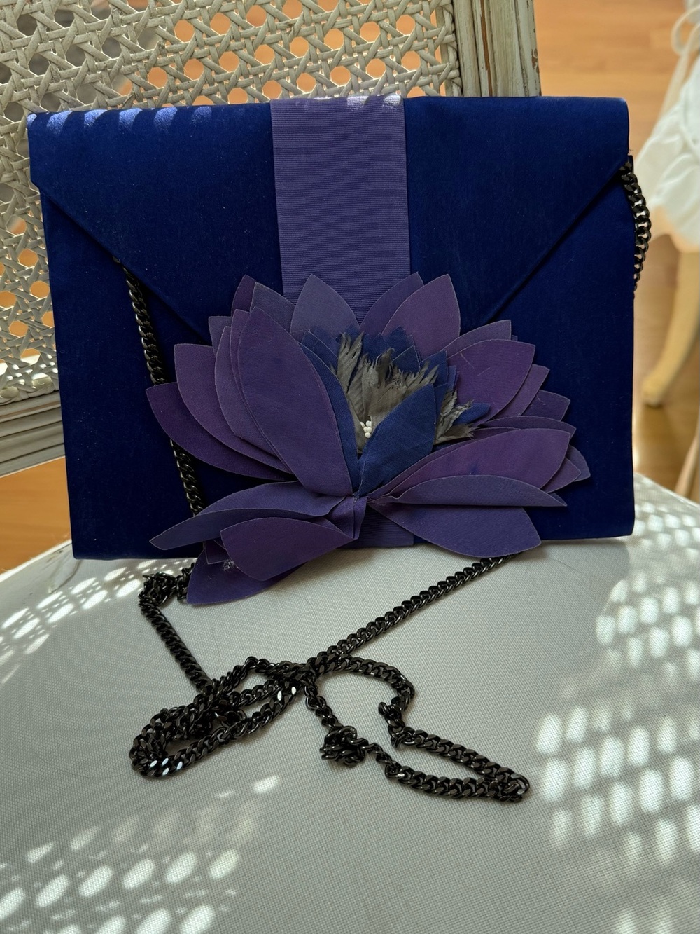 Navy Blue Floral Envelope Clutch with Chain
